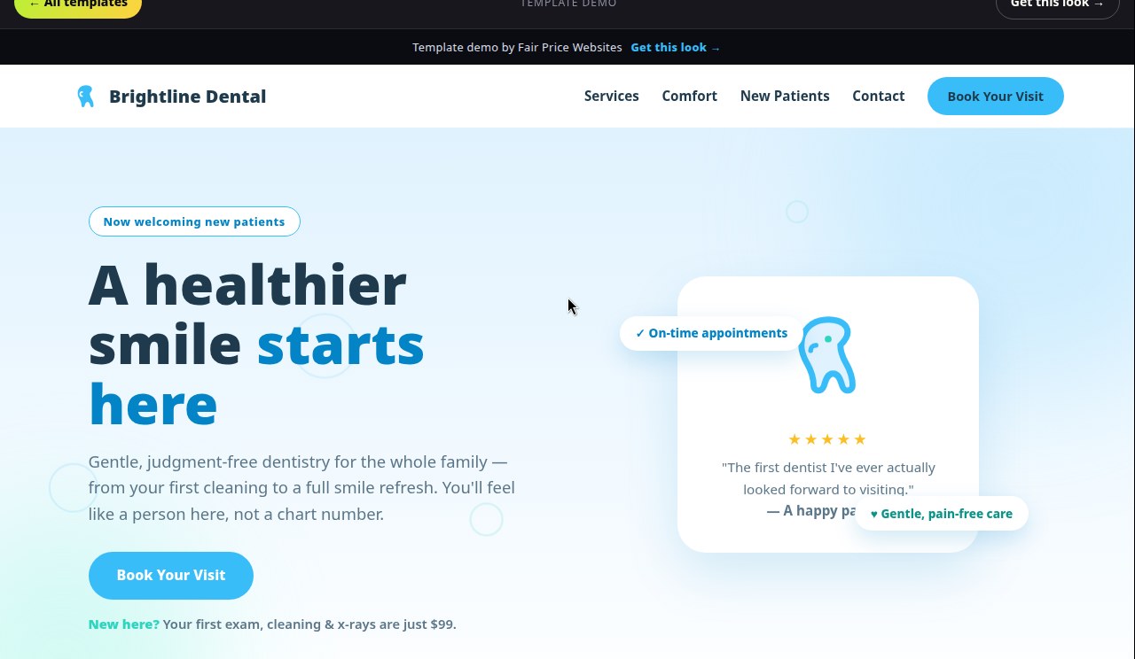 Brightline template — clean, friendly sky-blue dental homepage