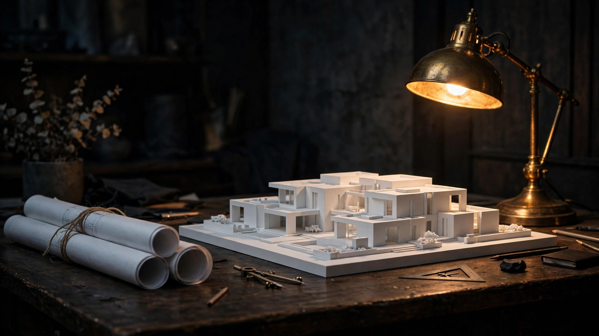 Architectural blueprints and a scale model on a dark studio desk