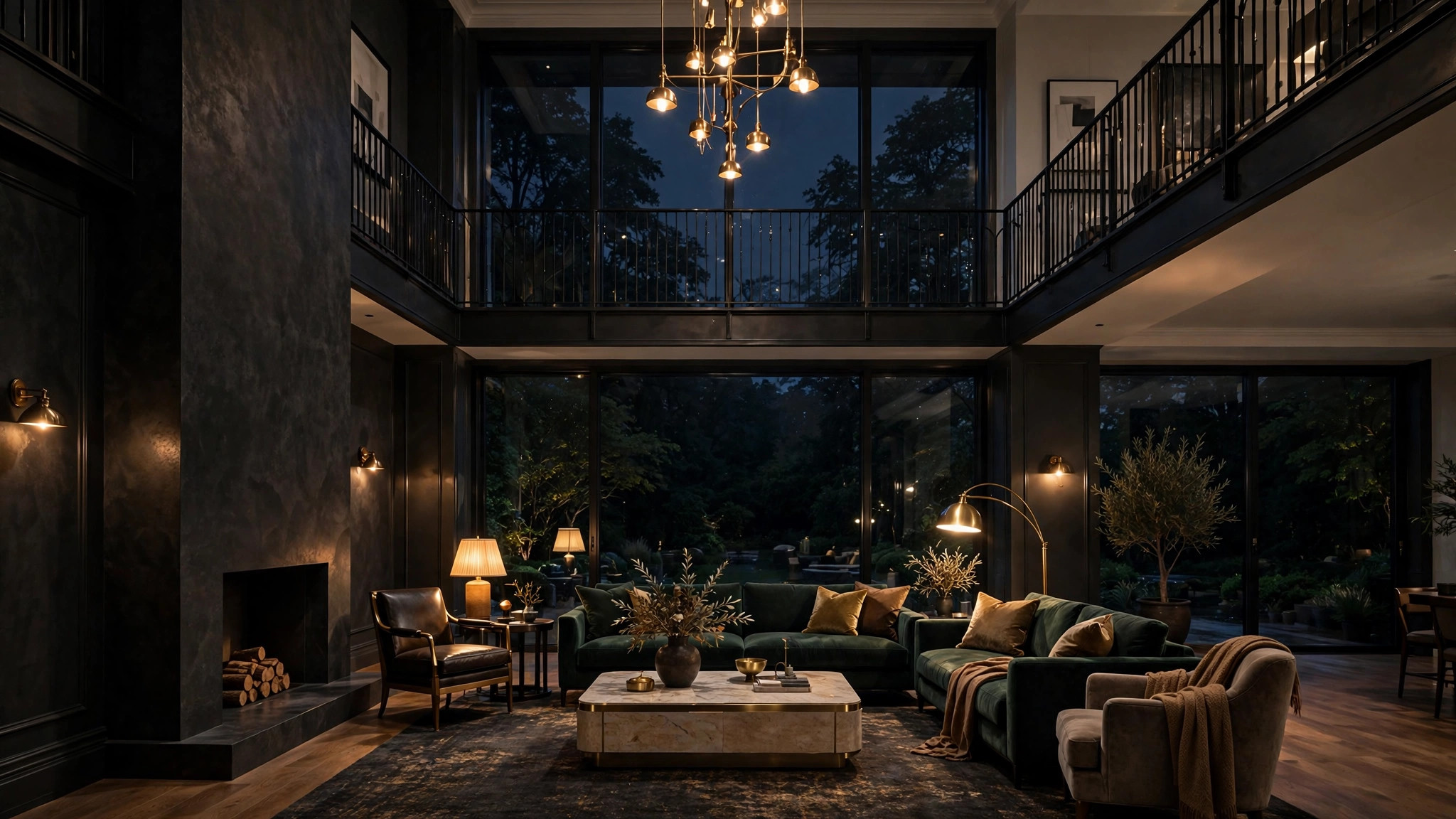 A finished double-height luxury living room glowing with warm light