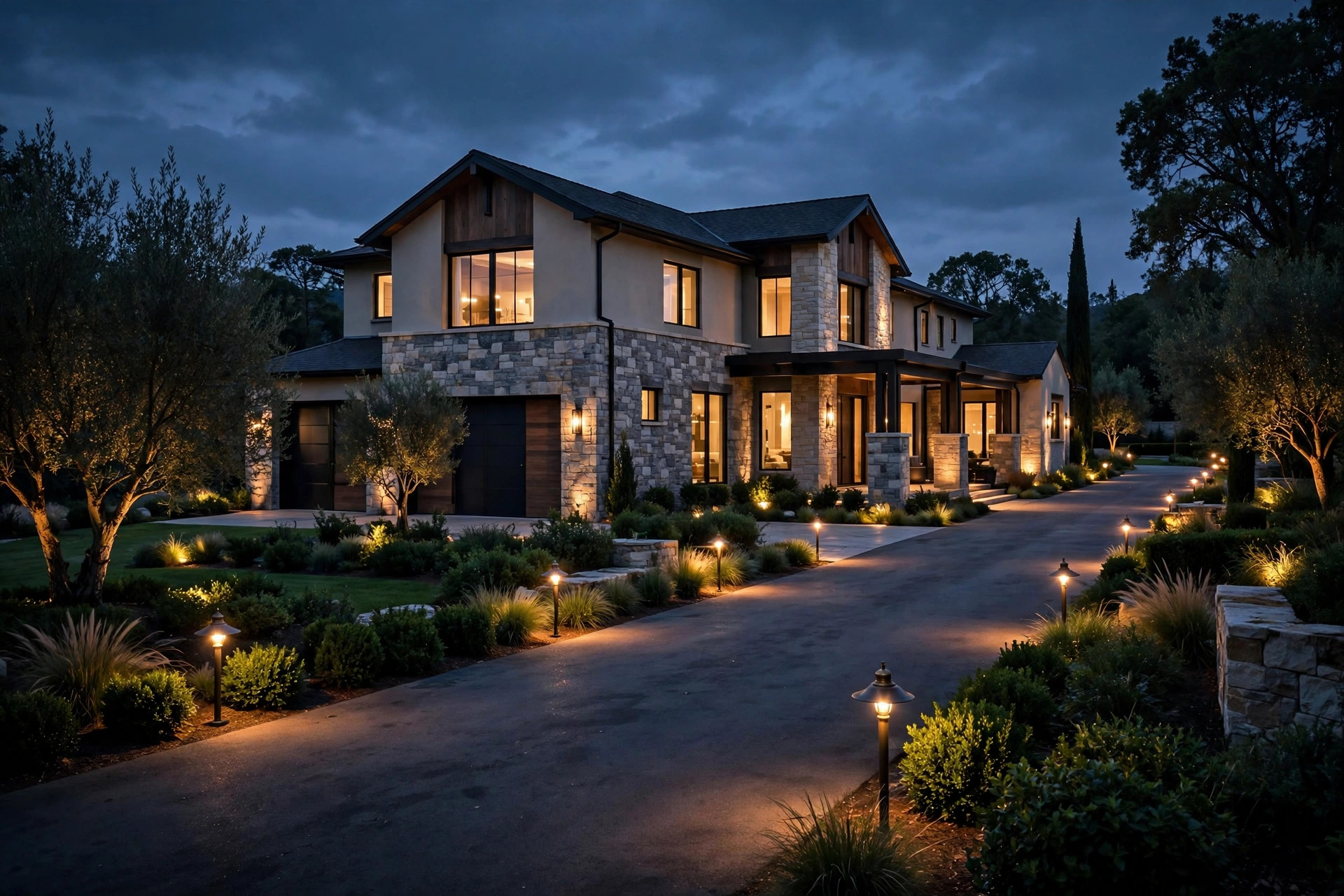A newly built custom luxury home at twilight